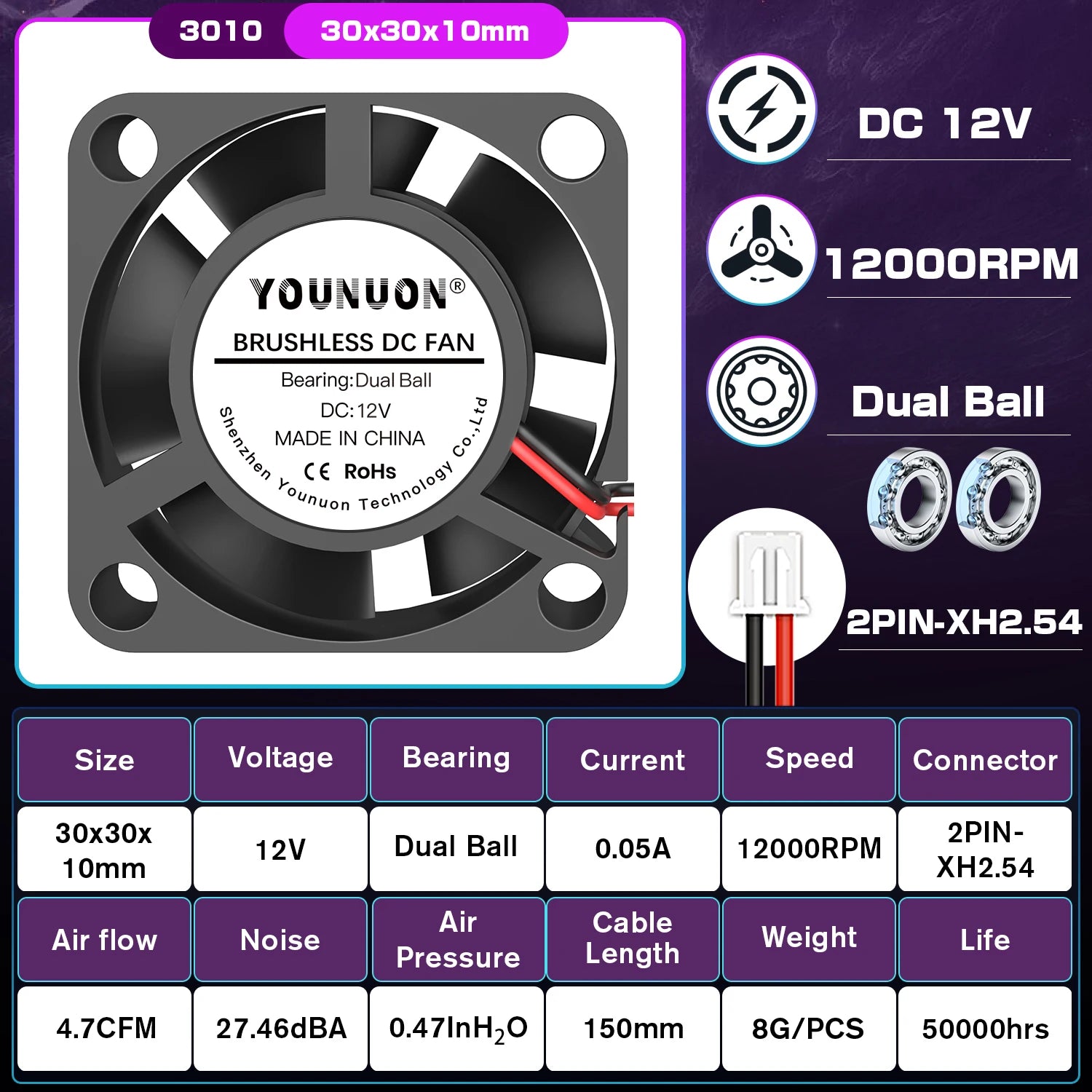2 piezas de ventilador de impresora 3d 3010, 30MM, 30x30x10MM, 3cm, ventilador de tarjeta gráfica, 5V, 12V, 24V con manga de 2 pines y bola dual