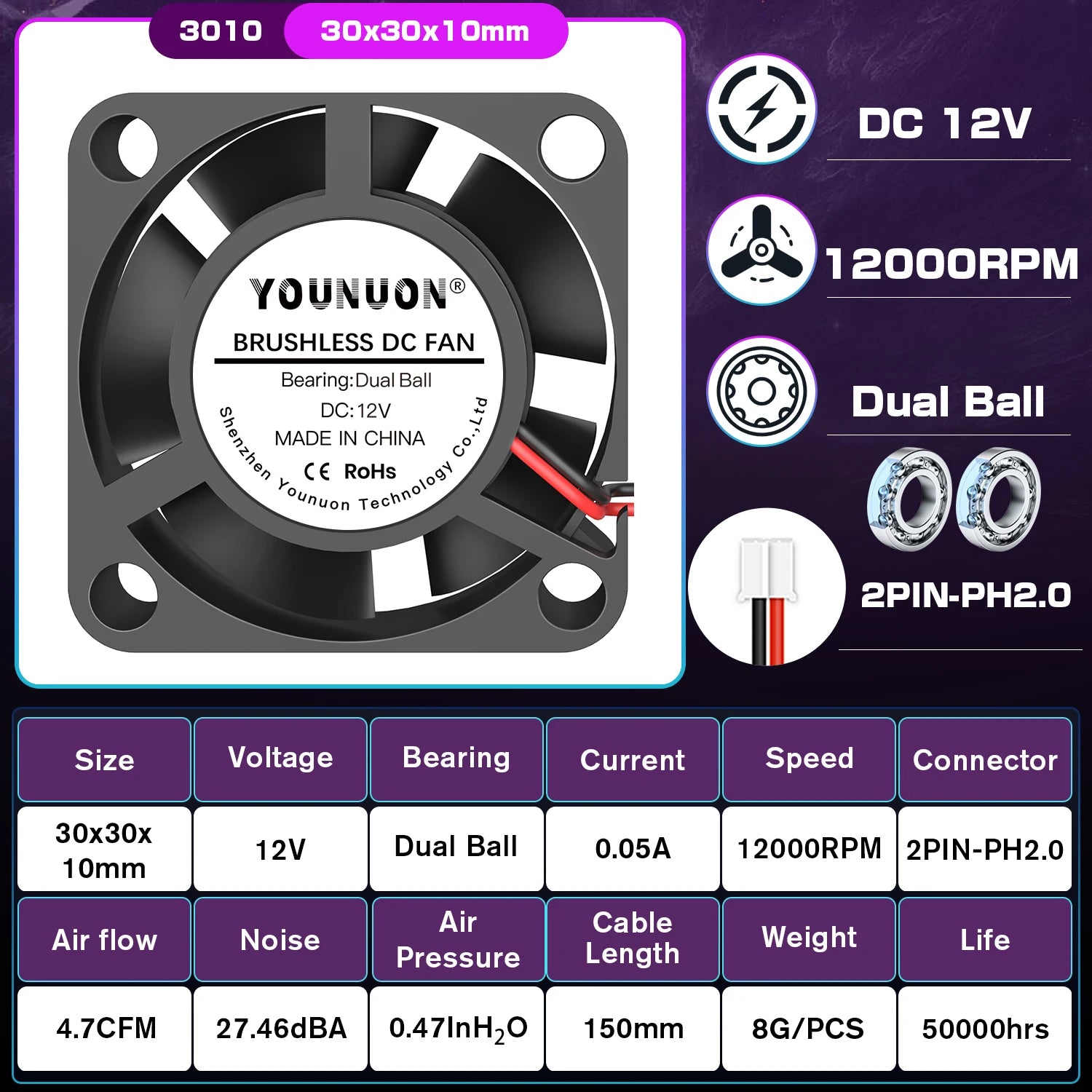 2 piezas de ventilador de impresora 3d 3010, 30MM, 30x30x10MM, 3cm, ventilador de tarjeta gráfica, 5V, 12V, 24V con manga de 2 pines y bola dual