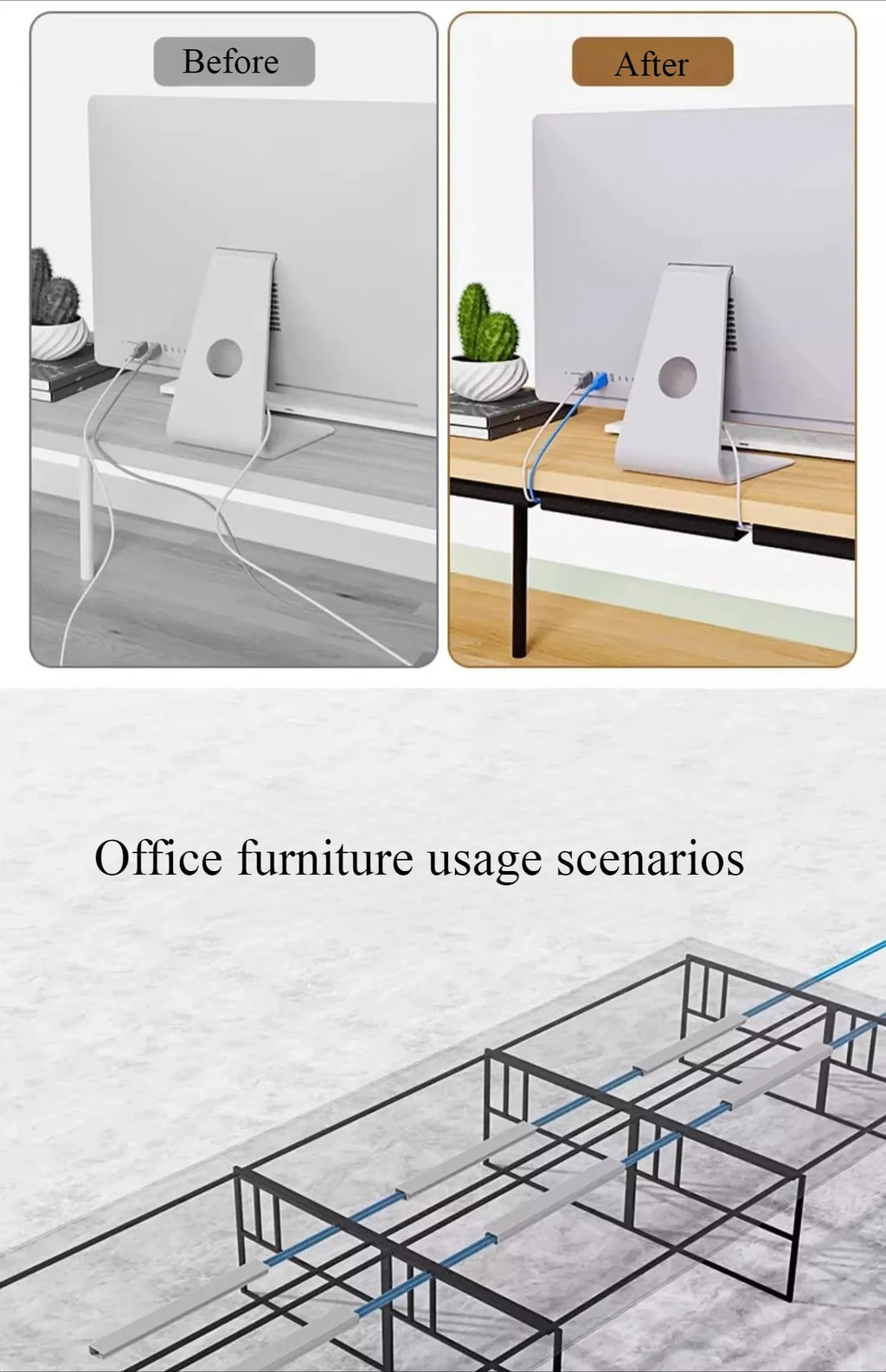 Bandeja de cables de escritorio de PVC de 40cm, gestión de cables debajo del canal de escritorio, ocultador de cables de entrada, sin perforación, organizador de cables para el hogar y la Oficina