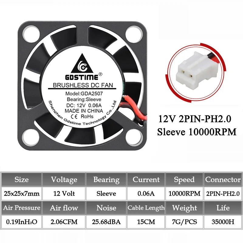 2 uds Gdstime DC 5V 12V 24V 25x25x10MM ventilador de refrigeración de tarjeta gráfica 2510 25MM manga/doble bola sin escobillas pieza de impresora 3D radiador