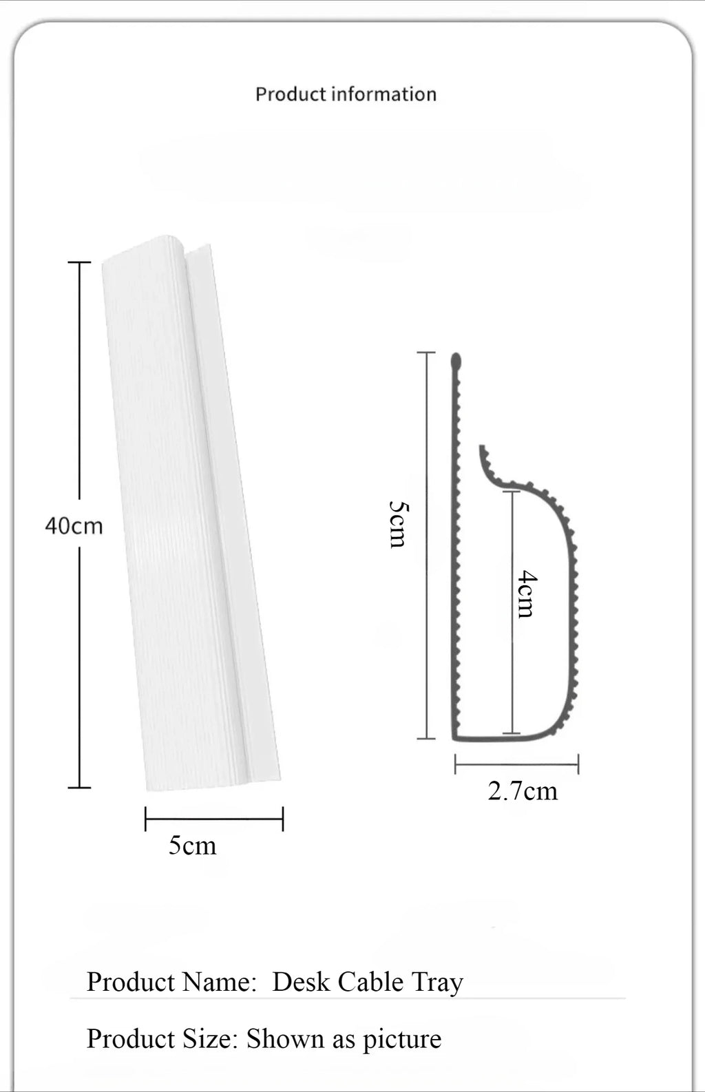 Bandeja de cables de escritorio de PVC de 40cm, gestión de cables debajo del canal de escritorio, ocultador de cables de entrada, sin perforación, organizador de cables para el hogar y la Oficina